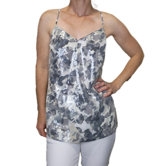 Tank top floral print Sequins Cream and grey colors Size XS BANANA REPUBLIC NWT - Picture 1 of 16